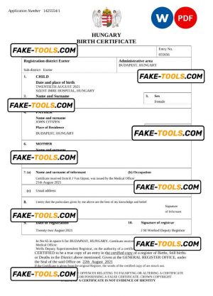 Hungary vital record birth certificate Word and PDF template, completely editable