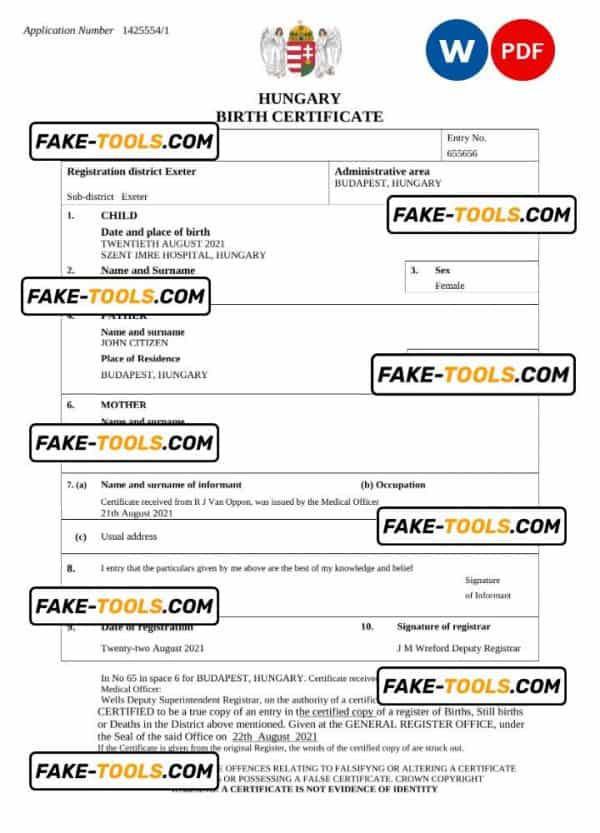 Hungary vital record birth certificate Word and PDF template, completely editable