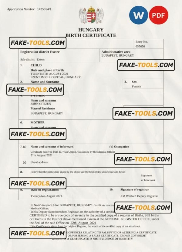 Hungary vital record birth certificate Word and PDF template, completely editable