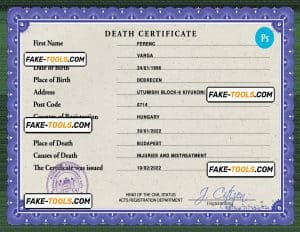 Hungary vital record death certificate PSD template