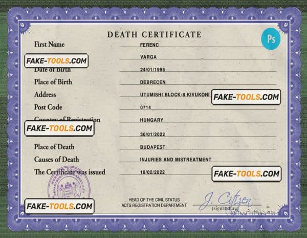 Hungary vital record death certificate PSD template
