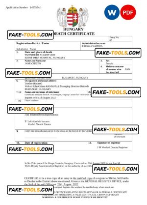 Hungary vital record death certificate Word and PDF template