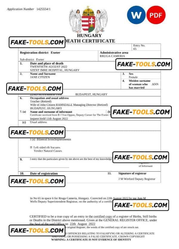 Hungary vital record death certificate Word and PDF template