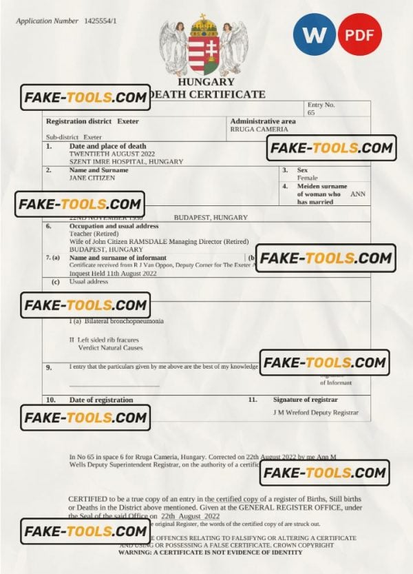 Hungary vital record death certificate Word and PDF template