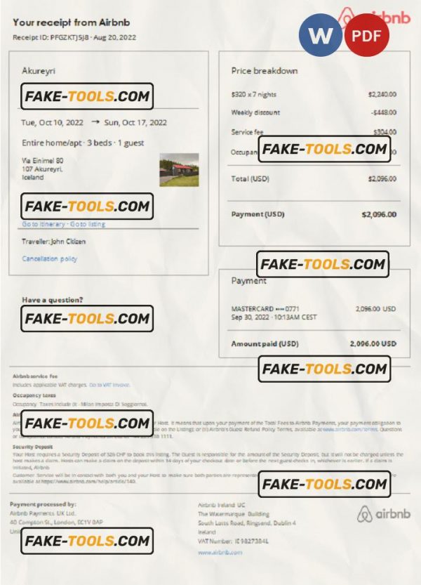 Iceland Airbnb booking confirmation Word and PDF template Scan effect