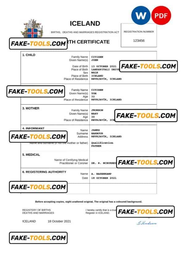 Iceland birth certificate Word and PDF template, completely editable