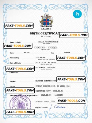 Iceland vital record birth certificate PSD template, fully editable