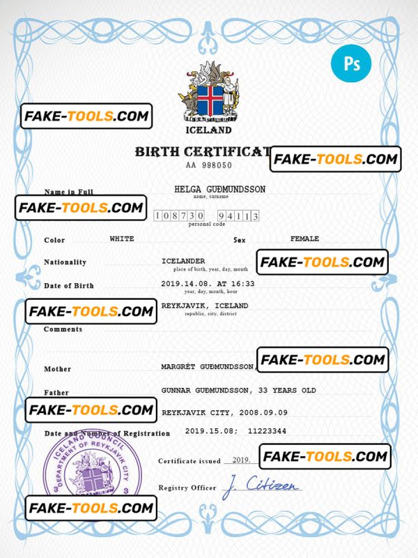 Iceland vital record birth certificate PSD template, fully editable