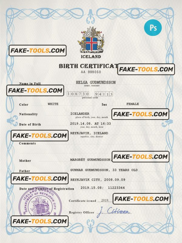 Iceland vital record birth certificate PSD template, fully editable