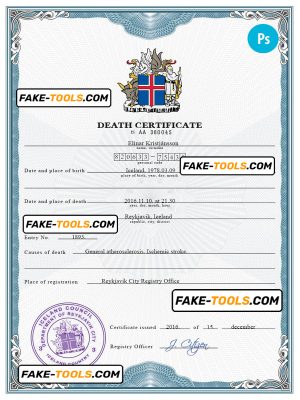 Iceland vital record death certificate PSD template, completely editable