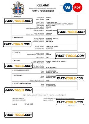Iceland vital record death certificate Word and PDF template