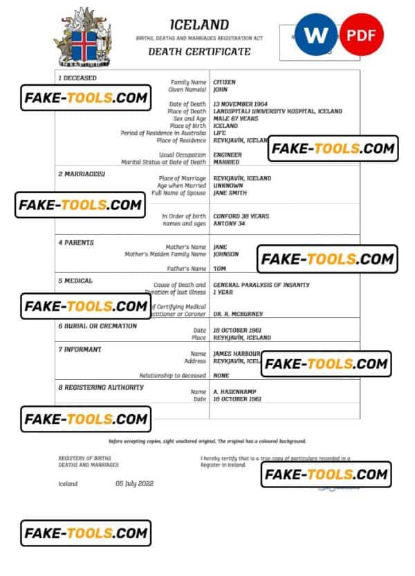 Iceland vital record death certificate Word and PDF template
