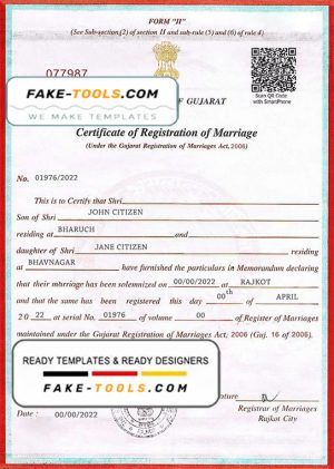 India Government of Gujarat marriage certificate template in PSD format