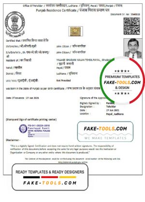 India Government of Punjab Residence Certificate template in Word and PDF format