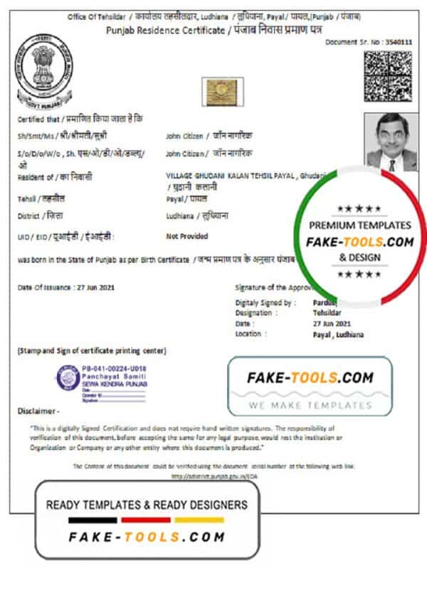 India Government of Punjab Residence Certificate template in Word and PDF format