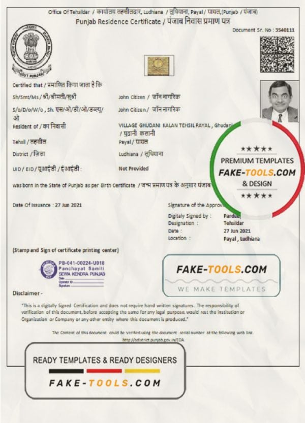 India Government of Punjab Residence Certificate template in Word and PDF format