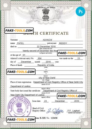 India death certificate PSD template, completely editable