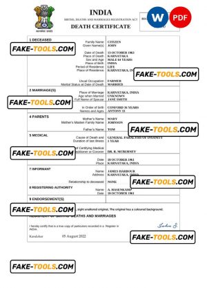 India death certificate Word and PDF template, completely editable