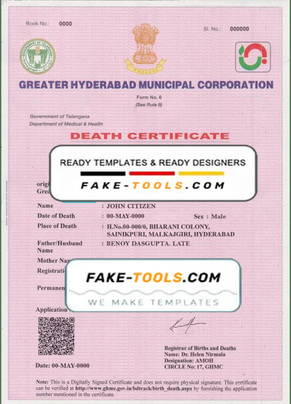 India death certificate template in PSD format, fully editable