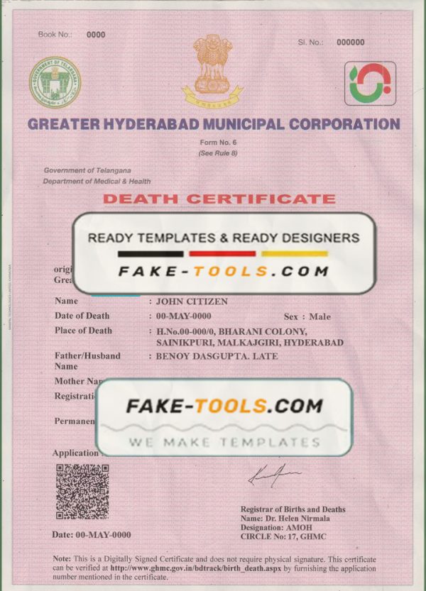 India death certificate template in PSD format, fully editable