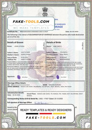 India marriage certificate template in PSD format, fully editable