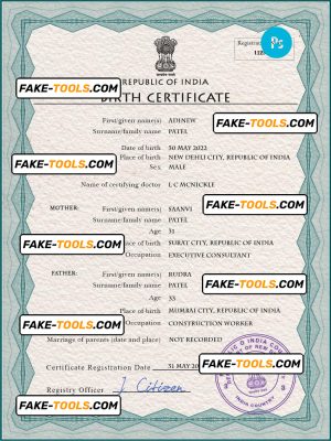 India vital record birth certificate PSD template