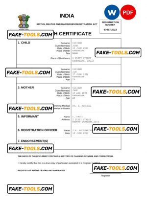 India vital record birth certificate Word and PDF template, completely editable