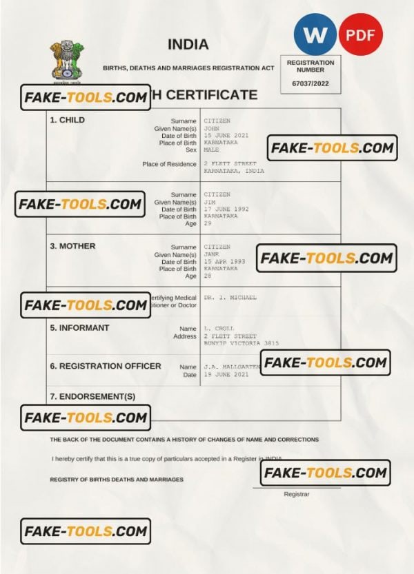 India vital record birth certificate Word and PDF template, completely editable
