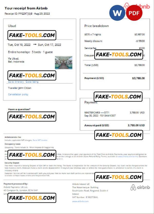 Indonesia Airbnb booking confirmation Word and PDF template
