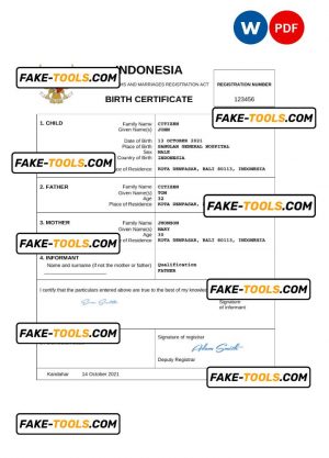 Indonesia birth certificate Word and PDF template, completely editable
