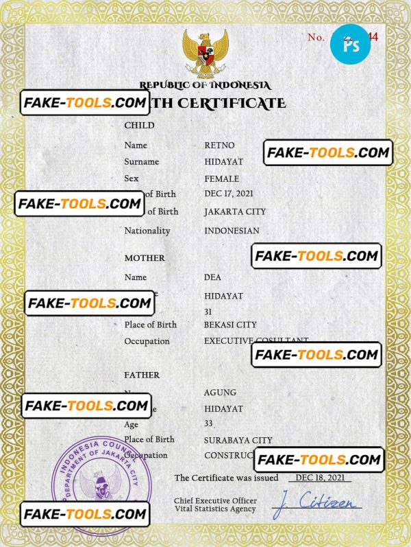 Indonesia vital record birth certificate PSD template, completely editable