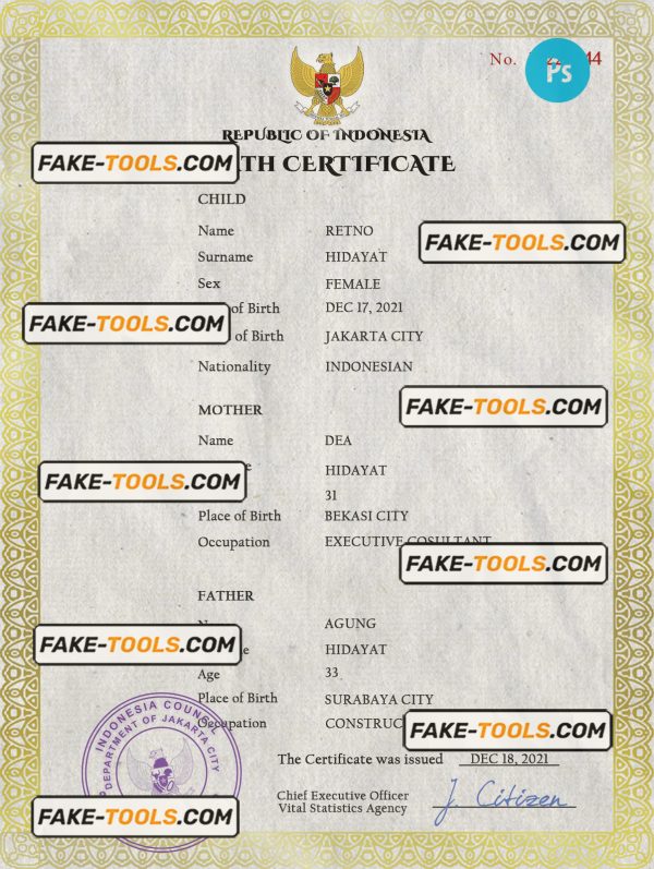 Indonesia vital record birth certificate PSD template, completely editable