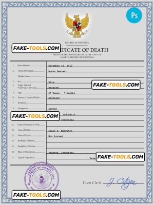 Indonesia vital record death certificate PSD template, fully editable