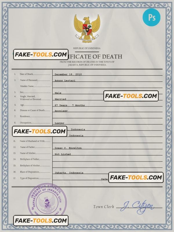 Indonesia vital record death certificate PSD template, fully editable