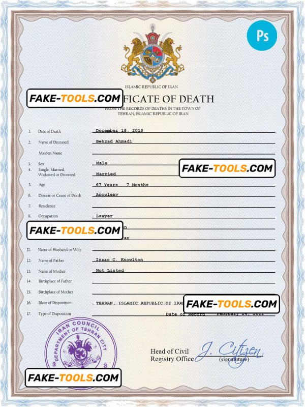Iran death certificate PSD template, completely editable