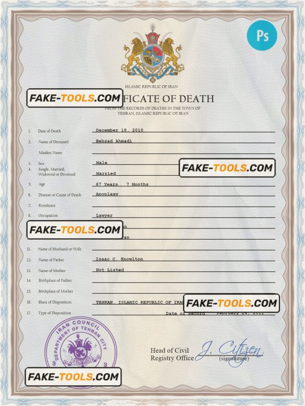 Iran death certificate PSD template, completely editable
