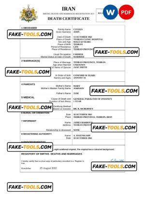 Iran death certificate Word and PDF template, completely editable
