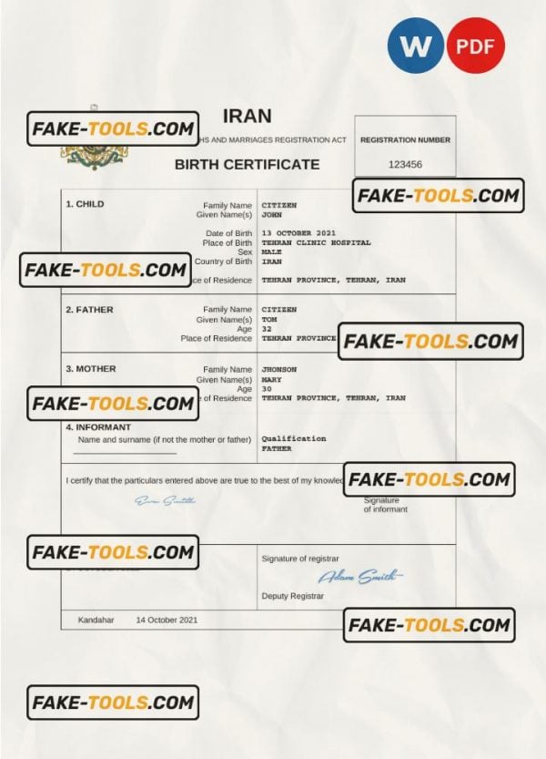 Iran vital record birth certificate Word and PDF template, completely editable