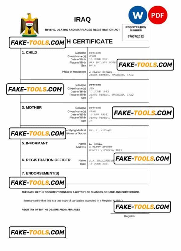 Iraq birth certificate Word and PDF template, completely editable