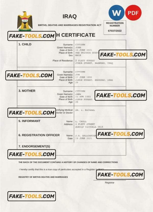 Iraq birth certificate Word and PDF template, completely editable