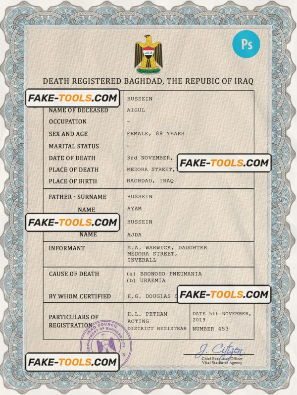 Iraq vital record death certificate PSD template