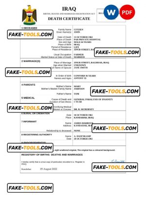 Iraq vital record death certificate Word and PDF template