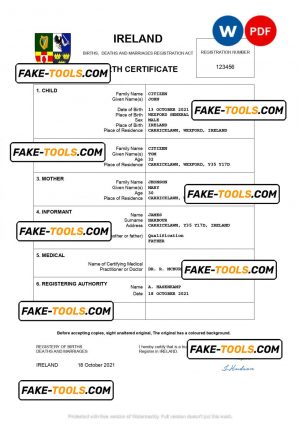 Ireland birth certificate Word and PDF template, completely editable