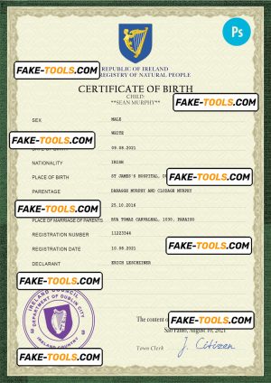Ireland vital record birth certificate PSD template