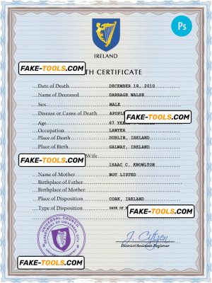 Ireland vital record death certificate PSD template, completely editable