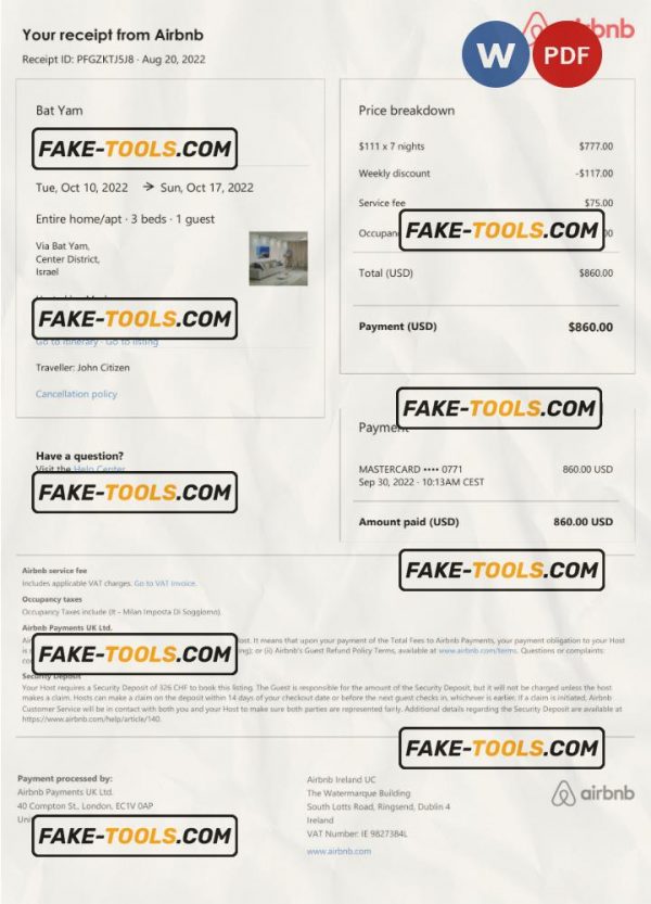 Israel Airbnb booking confirmation Word and PDF template scan effect