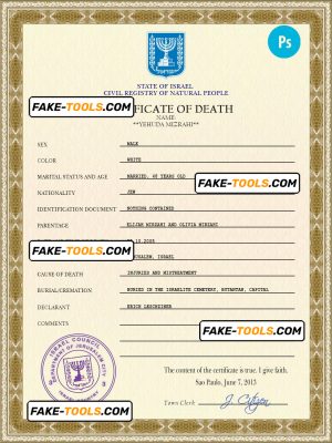 Israel death certificate PSD template, completely editable