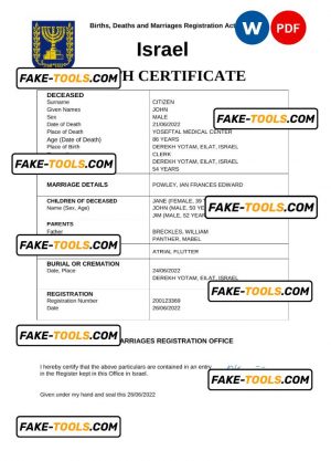Israel death certificate Word and PDF template, completely editable