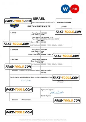 Israel vital record birth certificate Word and PDF template, completely editable