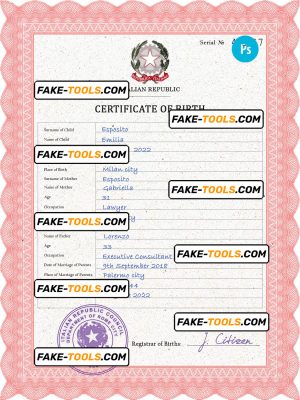 Italy birth certificate PSD template, completely editable